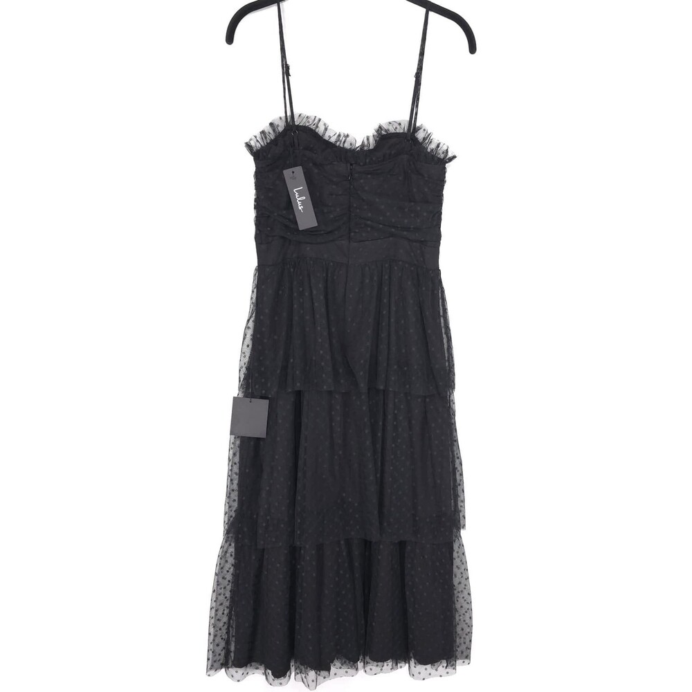 LULUS Women’s‎ New Midi Dress Black SMALL Polka Dot Mesh Tiered Ruffle Bustier